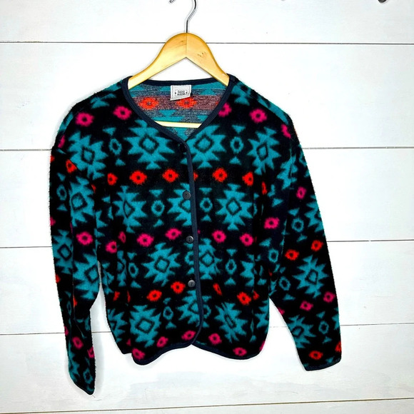 David Wayne Jackets & Blazers - Vintage 80s Black Fleece Jacket Size M/L Colorful Aztec Geo Button Front Relaxed